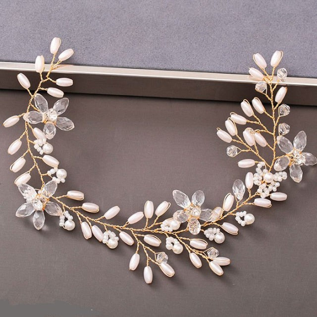 Pearls and Beads Headband<br> Light Gold Wedding Hair Headbands