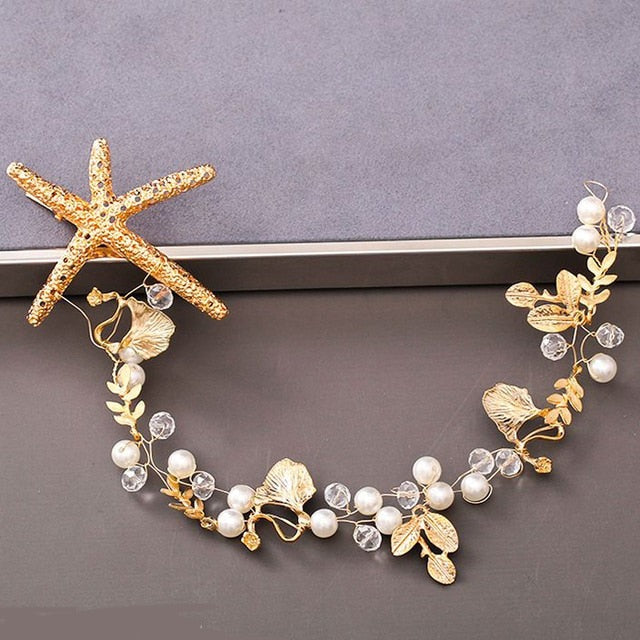 Pearls and Rhinestones Headband<br> Light Gold Wedding Hair Headbands