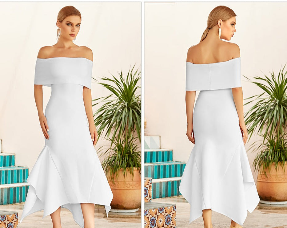 CLOTILDE<br>White Off-The-Shoulder Bandage Bodycon Dress