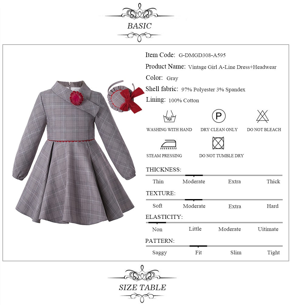 LITTLE PRINCESS GRACE<br>Grey Checkered Asymmetrical Collar A-Line Vintage Style Dress and Headband for Girls