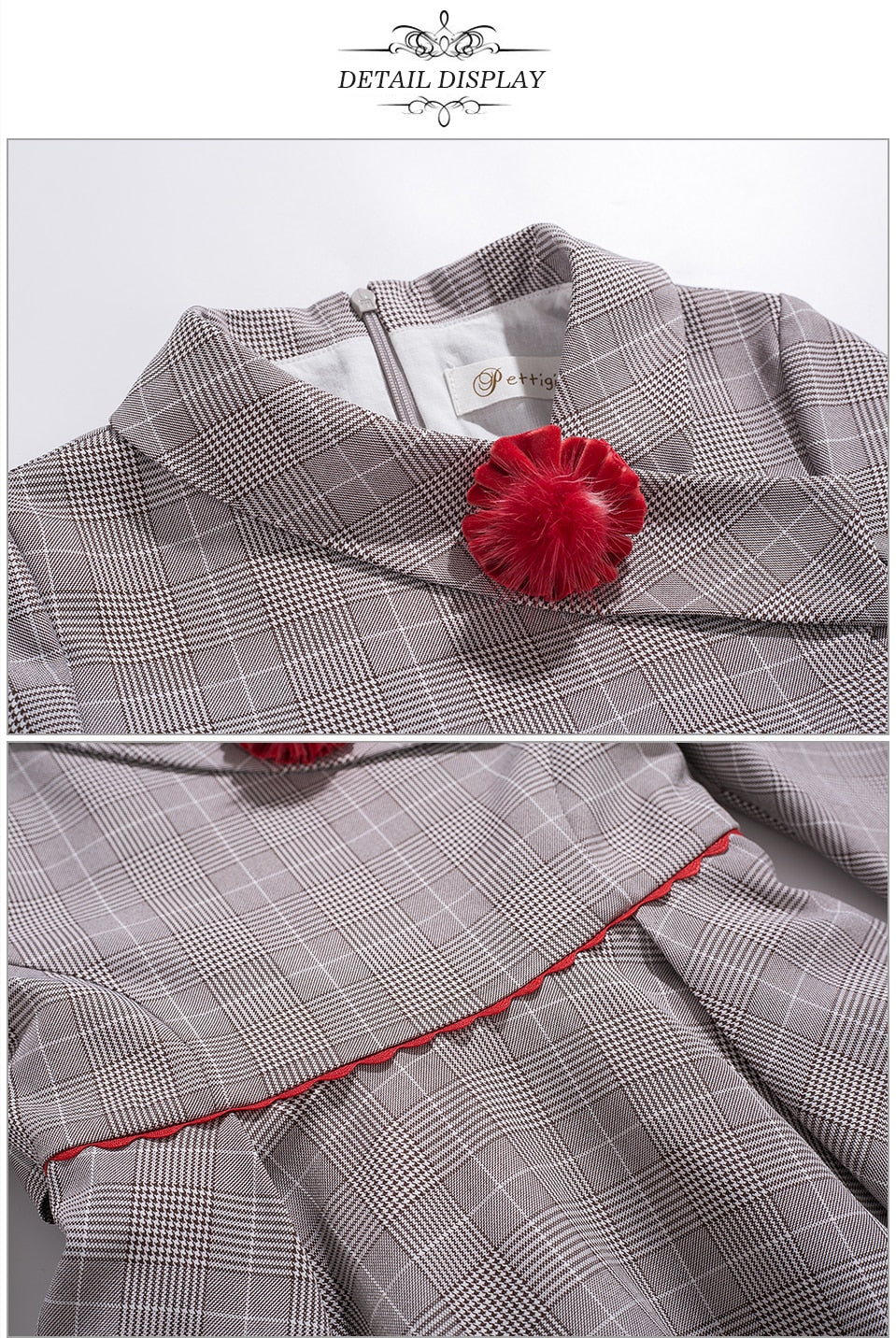 LITTLE PRINCESS GRACE<br>Grey Checkered Asymmetrical Collar A-Line Vintage Style Dress and Headband for Girls
