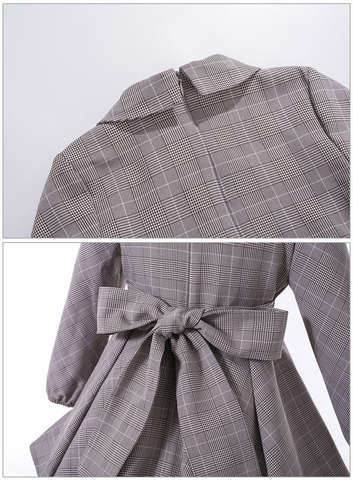 LITTLE PRINCESS GRACE<br>Grey Checkered Asymmetrical Collar A-Line Vintage Style Dress and Headband for Girls