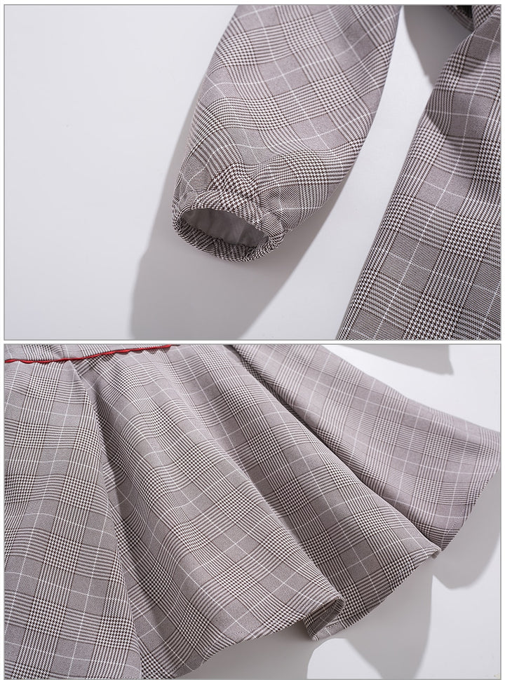 LITTLE PRINCESS GRACE<br>Grey Checkered Asymmetrical Collar A-Line Vintage Style Dress and Headband for Girls
