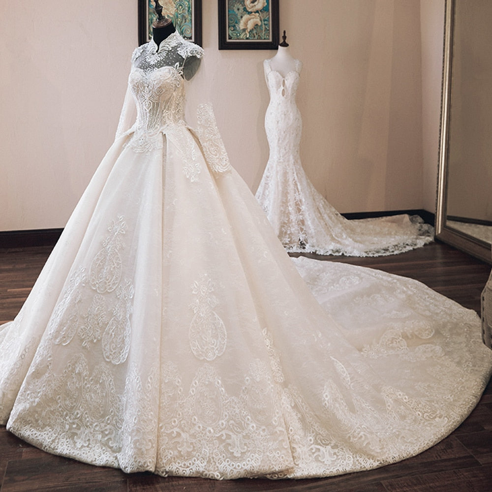 NURA<br>Oriental Luxury Beaded Appliqué Long Sleeve High Neck Ball Gown Wedding Dress