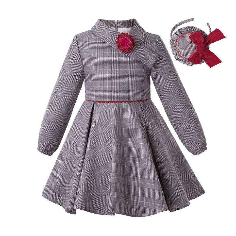LITTLE PRINCESS GRACE<br>Grey Checkered Asymmetrical Collar A-Line Vintage Style Dress and Headband for Girls