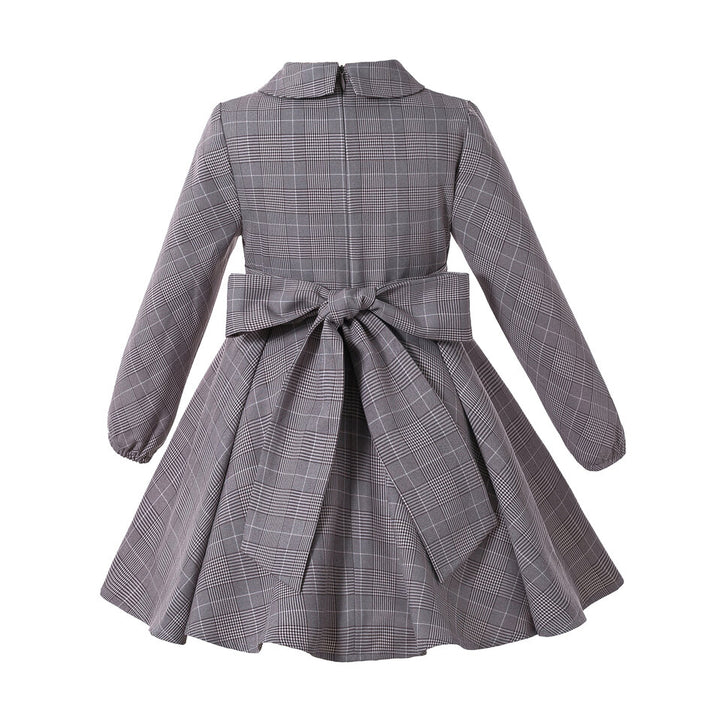 LITTLE PRINCESS GRACE<br>Grey Checkered Asymmetrical Collar A-Line Vintage Style Dress and Headband for Girls