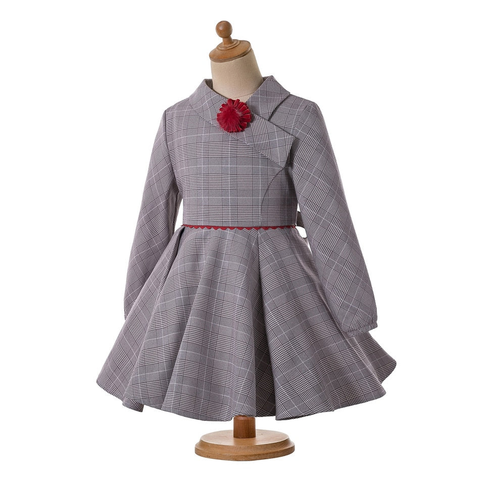 LITTLE PRINCESS GRACE<br>Grey Checkered Asymmetrical Collar A-Line Vintage Style Dress and Headband for Girls
