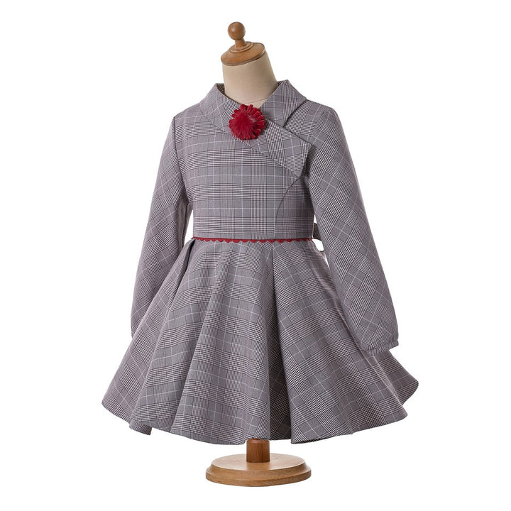 LITTLE PRINCESS GRACE<br>Grey Checkered Asymmetrical Collar A-Line Vintage Style Dress and Headband for Girls