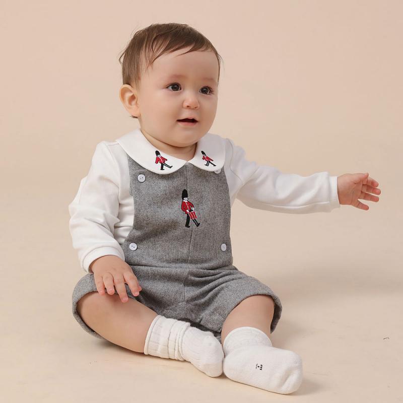 SWEET BABY IAN<br>Embroidered Baby Clothes Set White Long Sleeve Shirt and Strap Pants