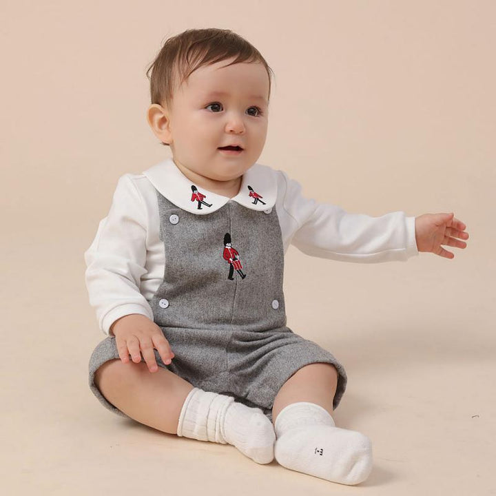 SWEET BABY IAN<br>Embroidered Baby Clothes Set White Long Sleeve Shirt and Strap Pants