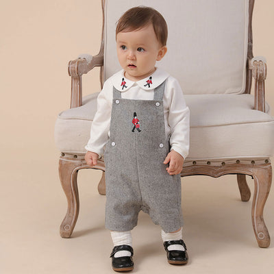 SWEET BABY IAN<br>Embroidered Baby Clothes Set White Long Sleeve Shirt and Strap Pants