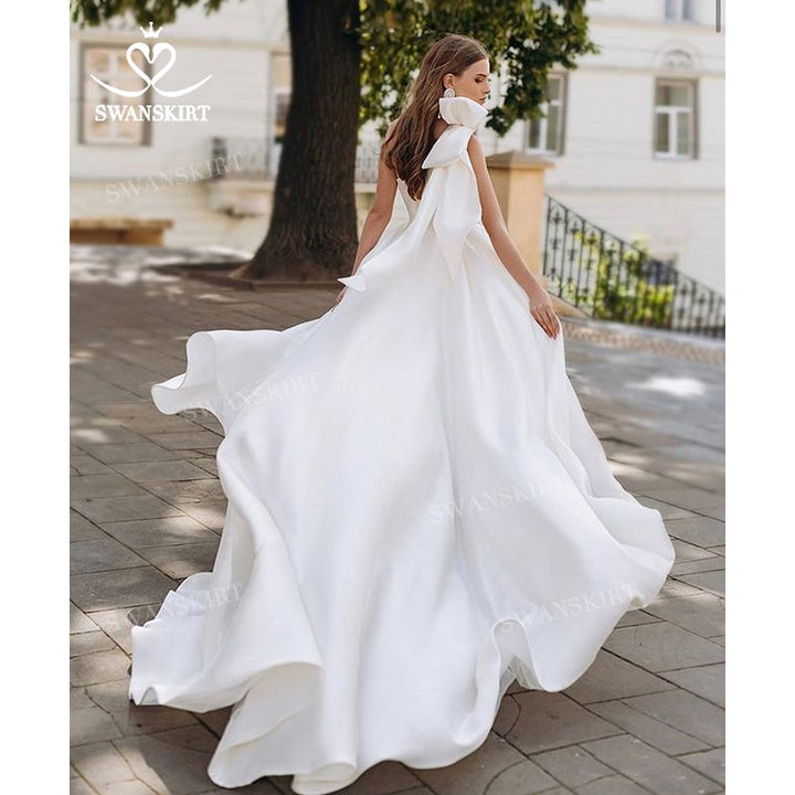 Vintage Bow One-Shoulder A-Line Train Satin Wedding Dress