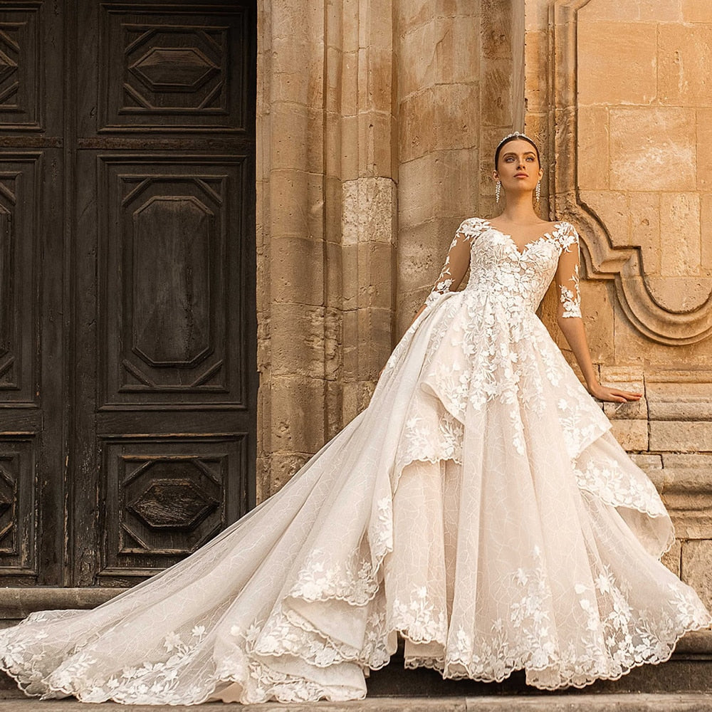 Malena  Button-Up Back Half-Sleeve Beaded Illusion Appliqué Lace A-Line Wedding Dress