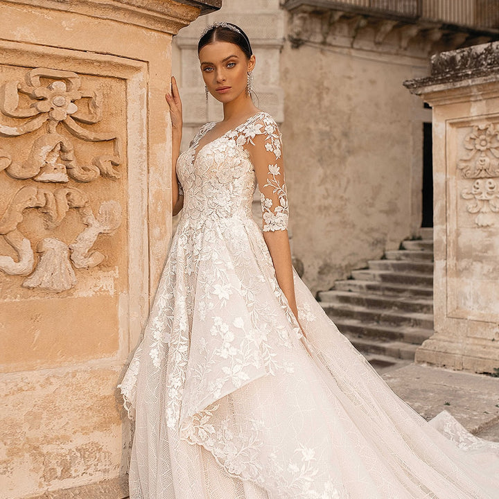Malena  Button-Up Back Half-Sleeve Beaded Illusion Appliqué Lace A-Line Wedding Dress