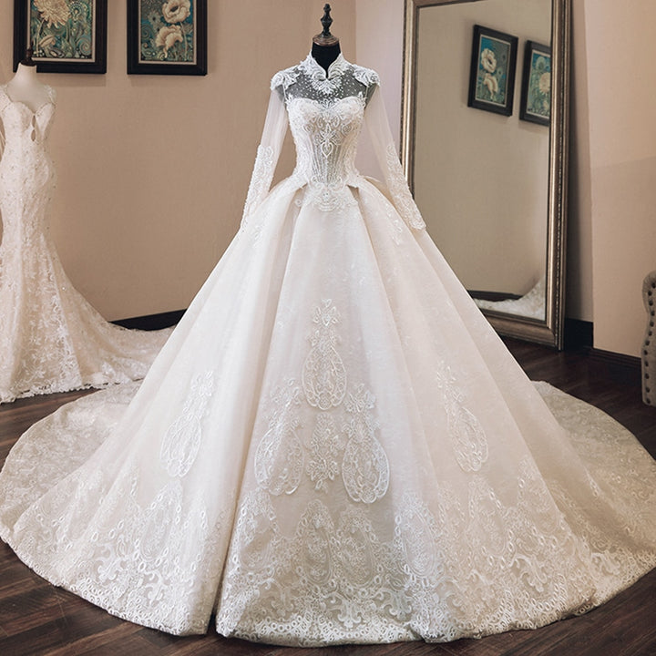 NURA<br>Oriental Luxury Beaded Appliqué Long Sleeve High Neck Ball Gown Wedding Dress
