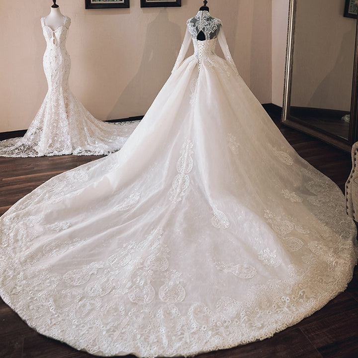 NURA<br>Oriental Luxury Beaded Appliqué Long Sleeve High Neck Ball Gown Wedding Dress