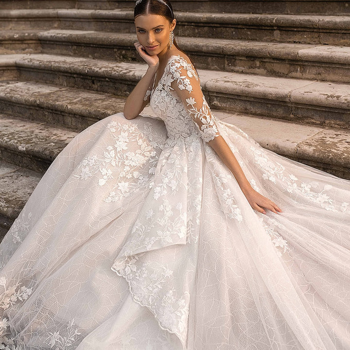 Malena  Button-Up Back Half-Sleeve Beaded Illusion Appliqué Lace A-Line Wedding Dress