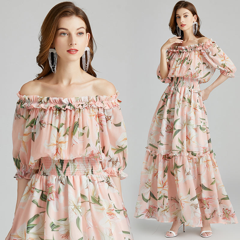 EVERLY<br>Elegant Slash Neck Off-the-Shoulder Floral Tulips Print Maxi Bohemian Summer Vacation Honeymoon Dress