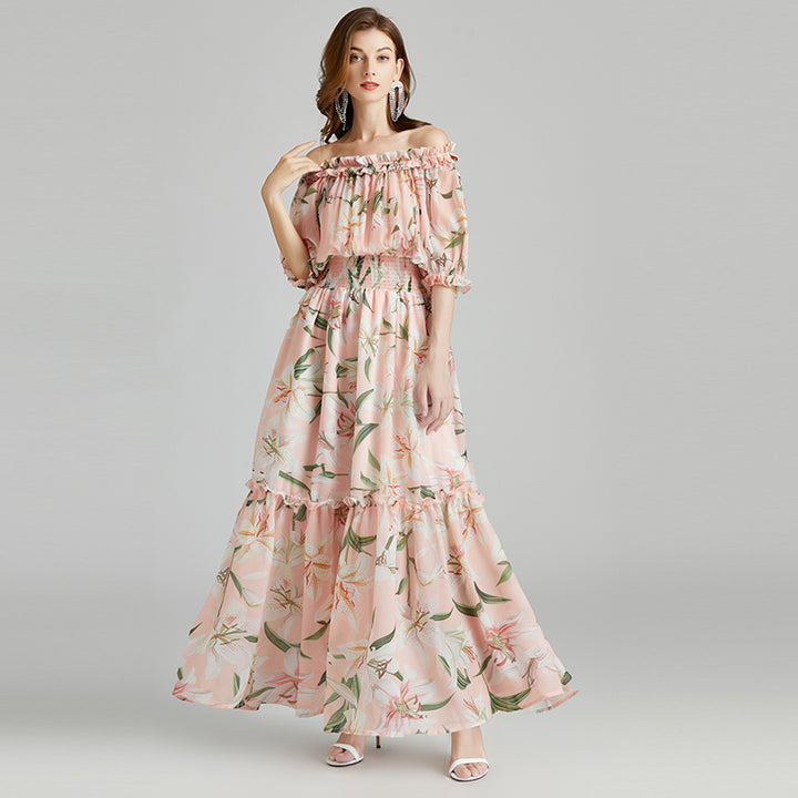EVERLY<br>Elegant Slash Neck Off-the-Shoulder Floral Tulips Print Maxi Bohemian Summer Vacation Honeymoon Dress