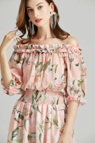 EVERLY<br>Elegant Slash Neck Off-the-Shoulder Floral Tulips Print Maxi Bohemian Summer Vacation Honeymoon Dress