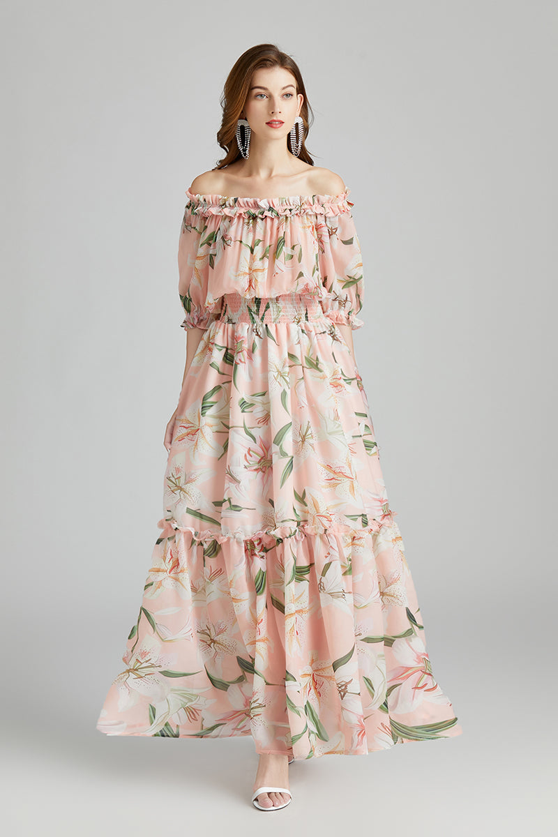 EVERLY<br>Elegant Slash Neck Off-the-Shoulder Floral Tulips Print Maxi Bohemian Summer Vacation Honeymoon Dress