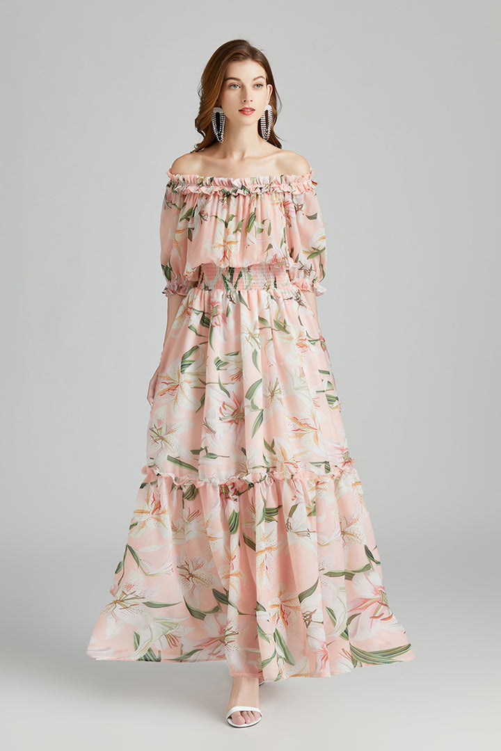 EVERLY<br>Elegant Slash Neck Off-the-Shoulder Floral Tulips Print Maxi Bohemian Summer Vacation Honeymoon Dress