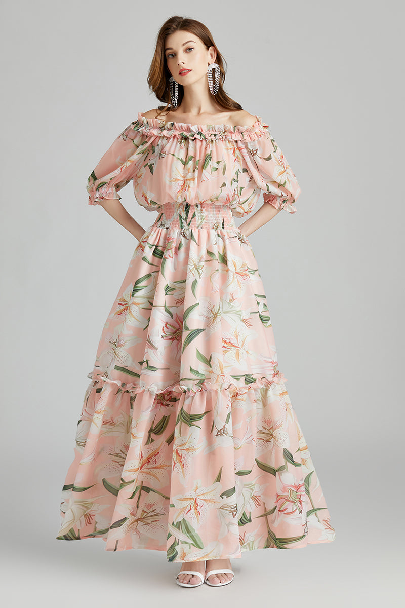 EVERLY<br>Elegant Slash Neck Off-the-Shoulder Floral Tulips Print Maxi Bohemian Summer Vacation Honeymoon Dress