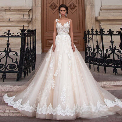 Illusion Scoop Neck with Detachable Beading Sash Lace Appliqué Sleeveless Backless Bridal Gown