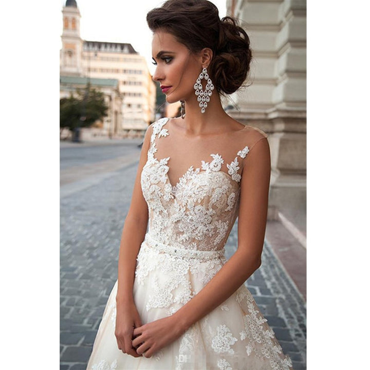Illusion Scoop Neck with Detachable Beading Sash Lace Appliqué Sleeveless Backless Bridal Gown