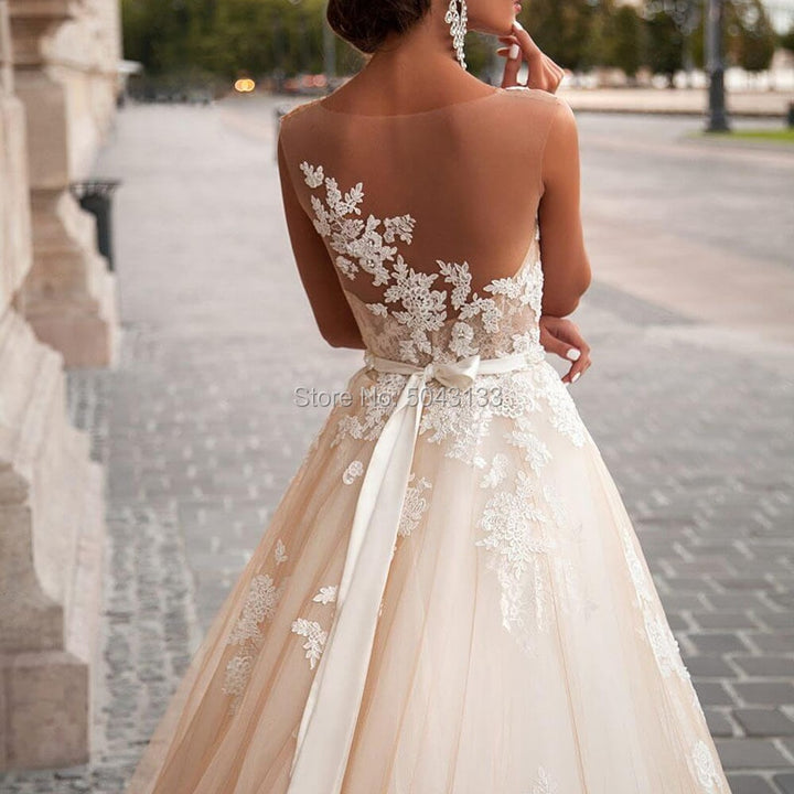 Illusion Scoop Neck with Detachable Beading Sash Lace Appliqué Sleeveless Backless Bridal Gown