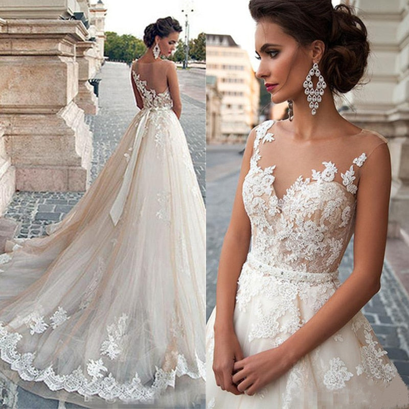 Illusion Scoop Neck with Detachable Beading Sash Lace Appliqué Sleeveless Backless Bridal Gown