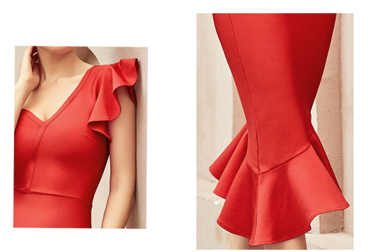 SOLEIL<br>One Shoulder Ruffles Trumpet Bandage Dress