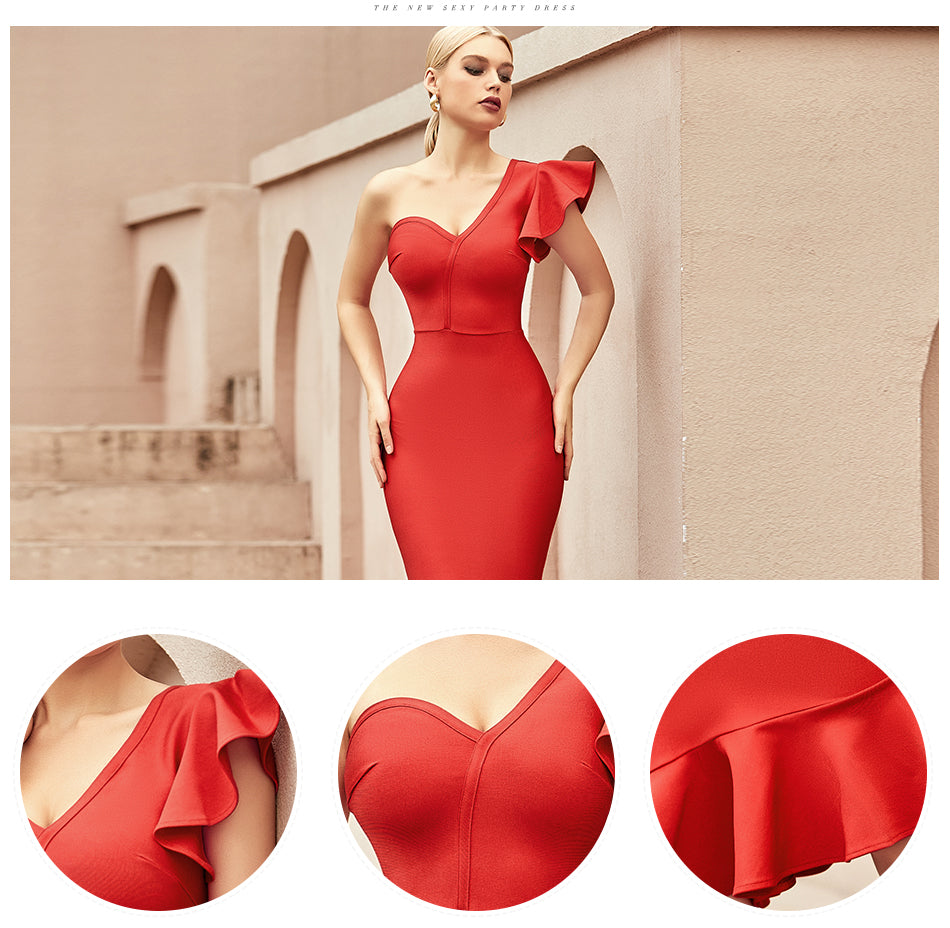 SOLEIL<br>One Shoulder Ruffles Trumpet Bandage Dress