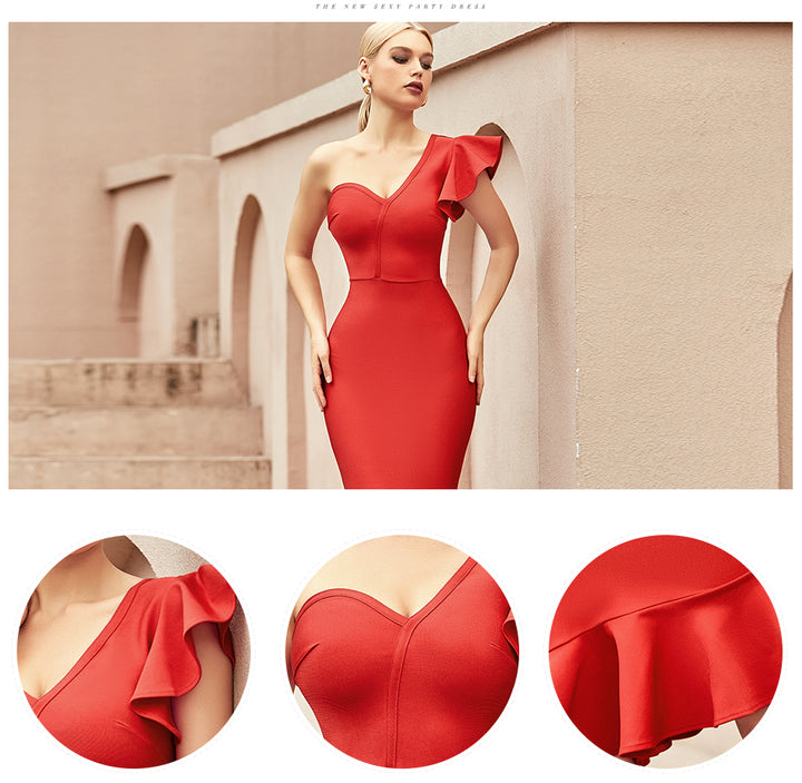 SOLEIL<br>One Shoulder Ruffles Trumpet Bandage Dress
