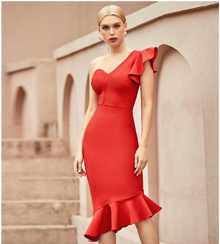 SOLEIL<br>One Shoulder Ruffles Trumpet Bandage Dress
