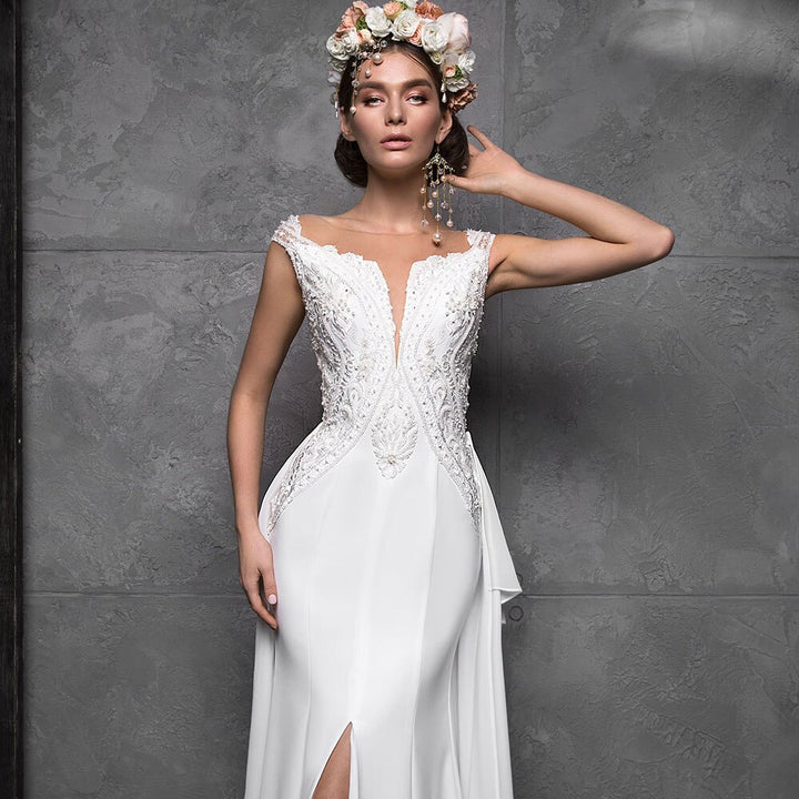 SOPHIE<br>Slit Appliqué Beaded Satin 2 Pieces Mermaid Wedding Gown With Removable Tail
