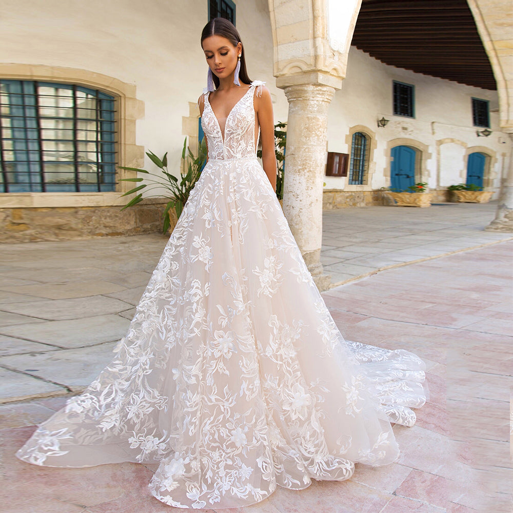 GEORGIA<br> Sweep Train A-line V-neck Tasseled Sleeveless Tulle and Lace Appliqué Bridal Gown