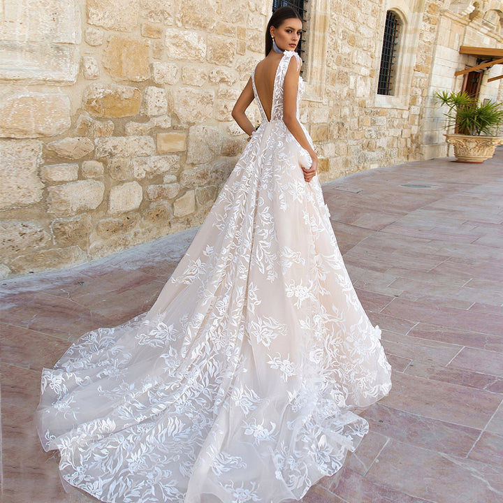 GEORGIA<br> Sweep Train A-line V-neck Tasseled Sleeveless Tulle and Lace Appliqué Bridal Gown