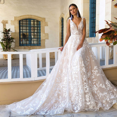 GEORGIA<br> Sweep Train A-line V-neck Tasseled Sleeveless Tulle and Lace Appliqué Bridal Gown