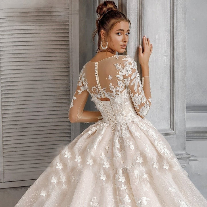 A-Line Classy Scoop Neck Beaded Wedding Dress with Flower Applique and Long Lace Sleeves