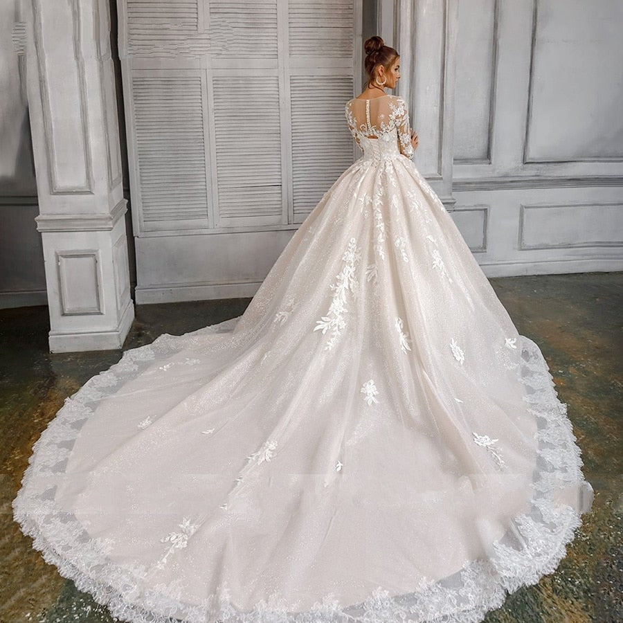 A-Line Classy Scoop Neck Beaded Wedding Dress with Flower Applique and Long Lace Sleeves