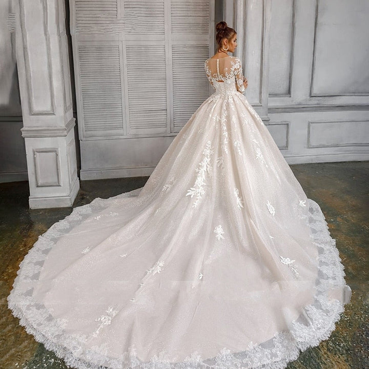 A-Line Classy Scoop Neck Beaded Wedding Dress with Flower Applique and Long Lace Sleeves