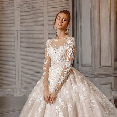 A-Line Classy Scoop Neck Beaded Wedding Dress with Flower Applique and Long Lace Sleeves