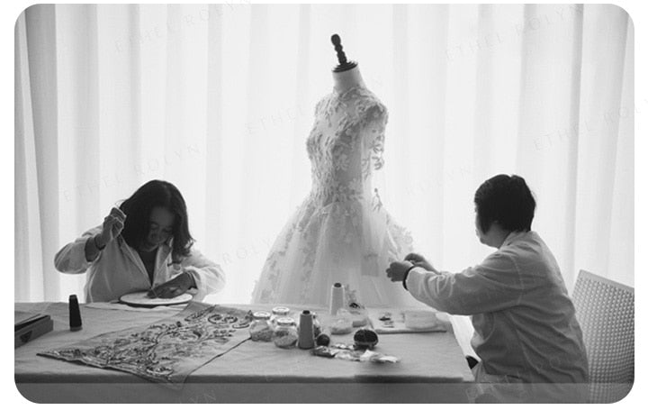 A-Line Classy Scoop Neck Beaded Wedding Dress with Flower Applique and Long Lace Sleeves