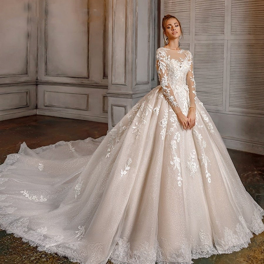 A-Line Classy Scoop Neck Beaded Wedding Dress with Flower Applique and Long Lace Sleeves