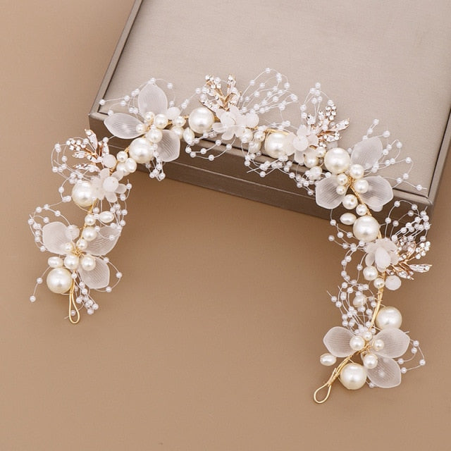 Pearls and Rhinestones Headband<br> Light Gold Wedding Hair Headbands