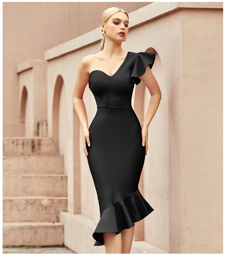SOLEIL<br>One Shoulder Ruffles Trumpet Bandage Dress