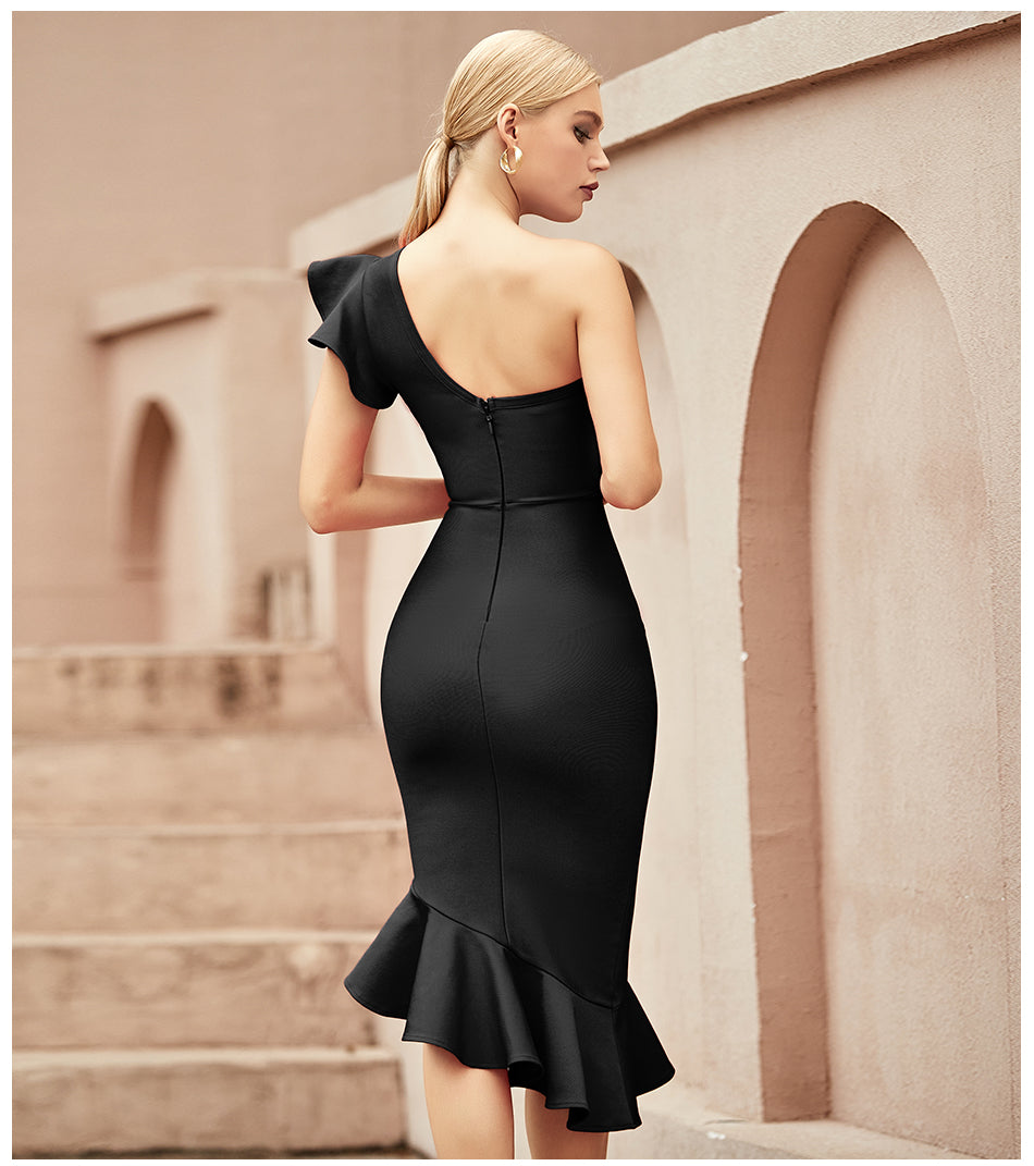 SOLEIL<br>One Shoulder Ruffles Trumpet Bandage Dress