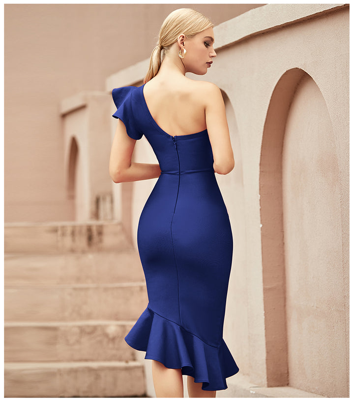SOLEIL<br>One Shoulder Ruffles Trumpet Bandage Dress