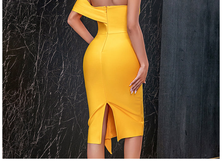 GWENDALYN<br>Off-the-Shoulder Bodycon Bandage Sexy Ruffles Short Sleeve Midi Club Evening Party Dress